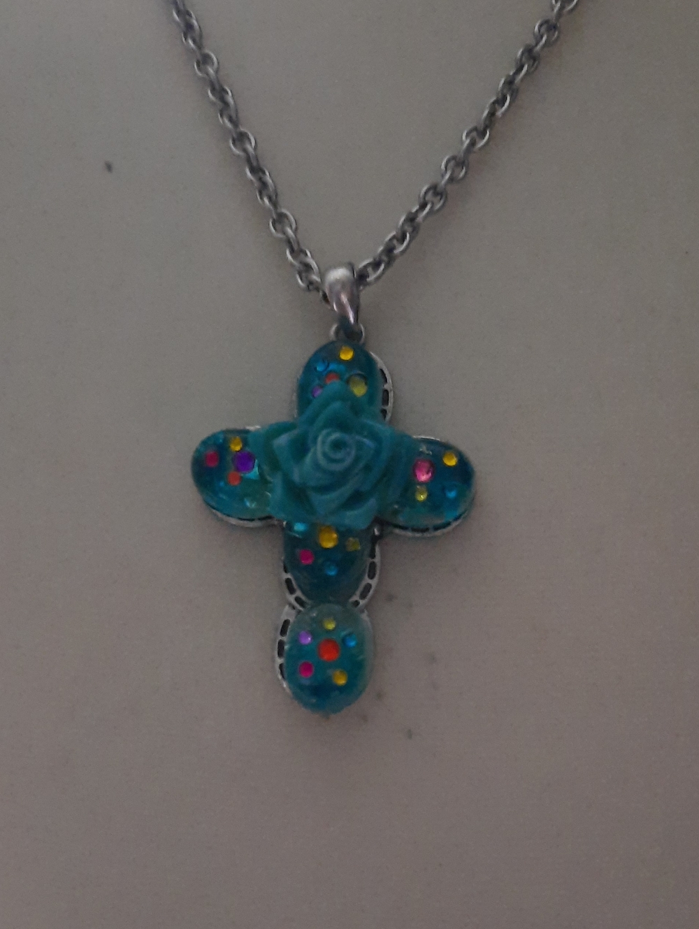 DaVinci Turquoise Rose Cross Pendant Necklace with Multicolor Accents